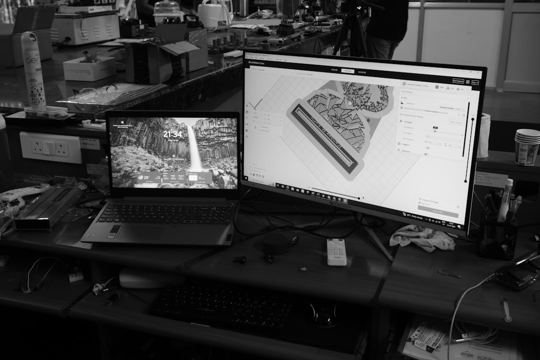 Uma Foto Em Preto E Branco De Uma Mesa Com Dois Monitores xNXFJZMNyB0