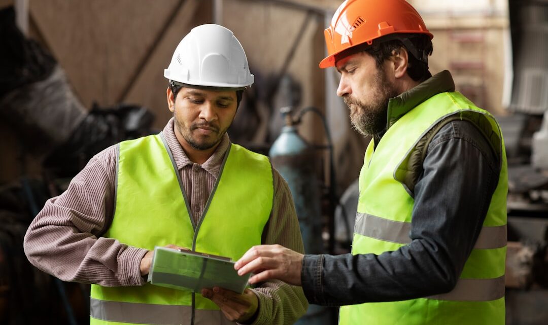 Dois Homens Vestindo Coletes De Seguranca E Capacetes JjG6_ Fhkd4