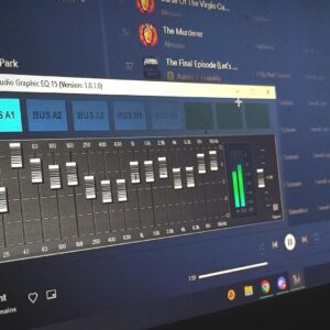 Close-up of a digital audio graphic equalizer on a laptop screen for music editing.