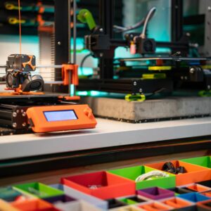 Vibrant 3D printing station showcasing modern equipment and organized storage boxes.