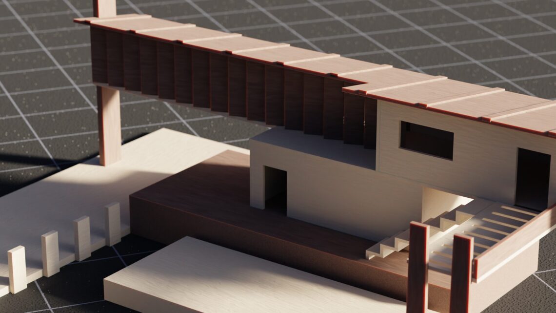 Close-up of a modern architectural model on a grid surface demonstrating intricate design details.