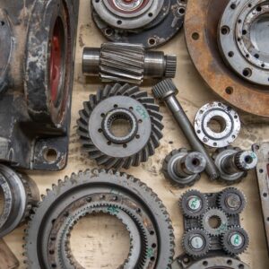 Detailed shot of industrial gears and mechanical parts in a workshop setting.