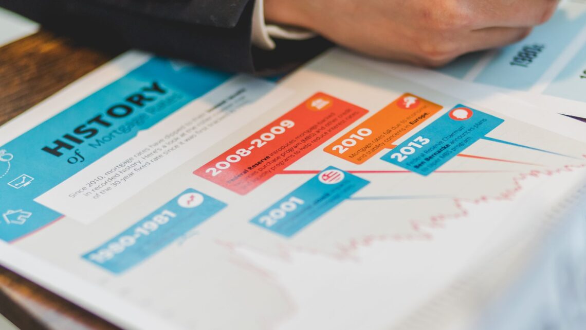 Close-up of a person reviewing mortgage history and trends document.
