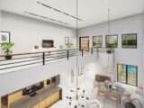 Spacious modern home interior with minimalist design and open balcony view.