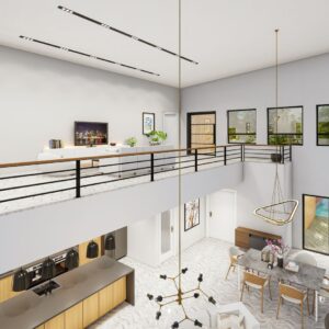 Spacious modern home interior with minimalist design and open balcony view.