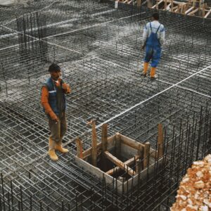 Workers preparing steel reinforcement at a construction site for concrete foundation.