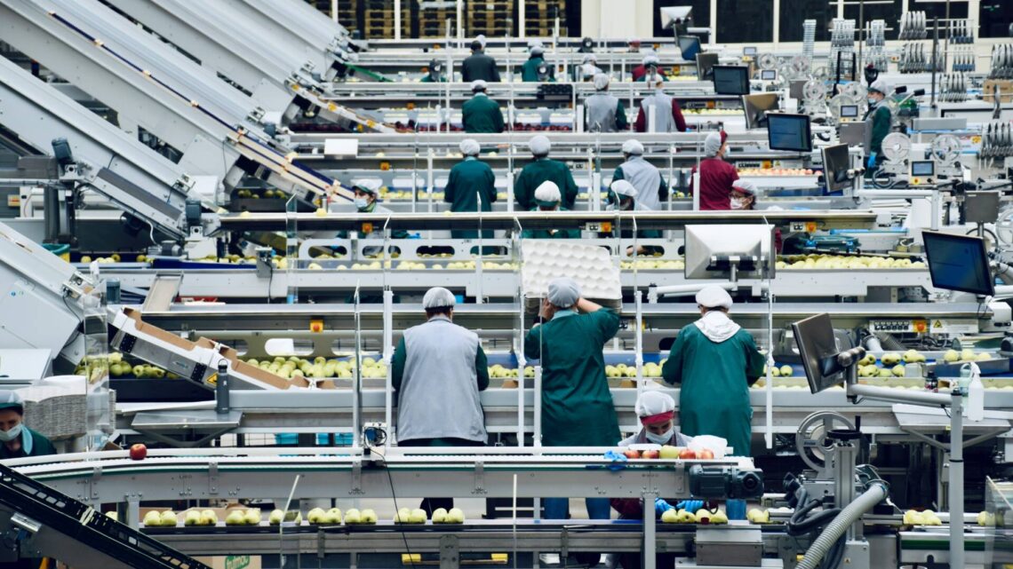 a group of people in a factory